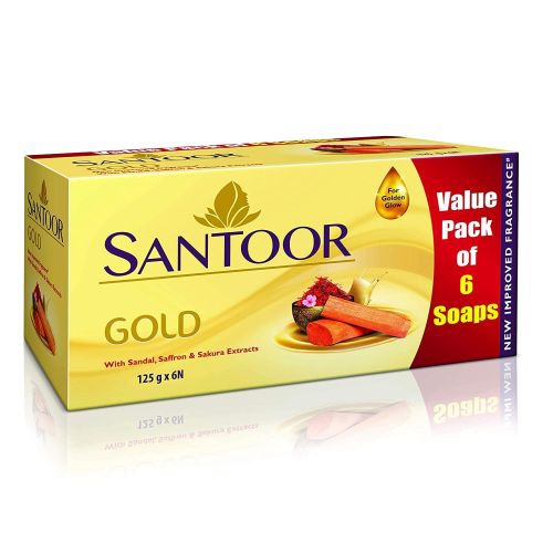 Santoor Gold Soap with Saffron, Sandal & Sakura Extracts, 125g (Pack of 6)