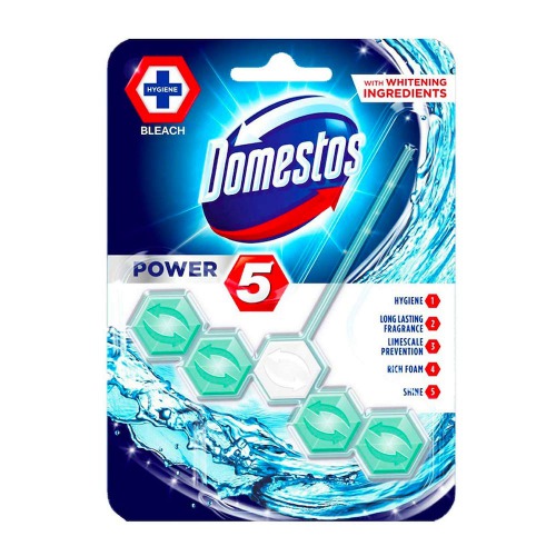 Domestos Power 5 Toilet Rim Block, Chlorine, Limescale Removal with Long Lasting Fragrance, Provides Hygiene & Shine, 55 gm